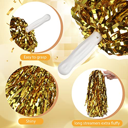 Leyndo 150 Pcs Pompoms Cheerleading Bulk Gold Metallic Foil Pom Poms with Baton Handle Cheerleader Pompoms for Sports Game Squads Dancing Party Football Basketball