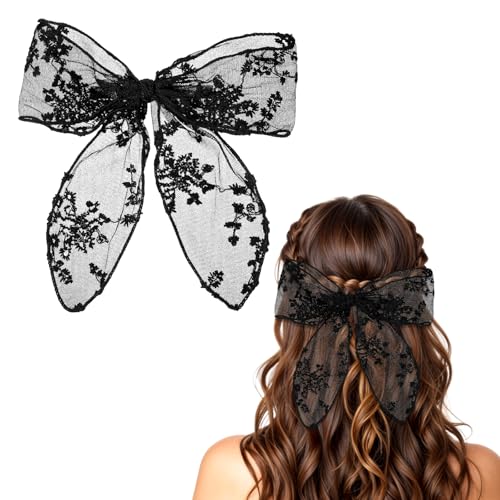 Large Lace Hair Bow Clips for Women, Black Lace Bows