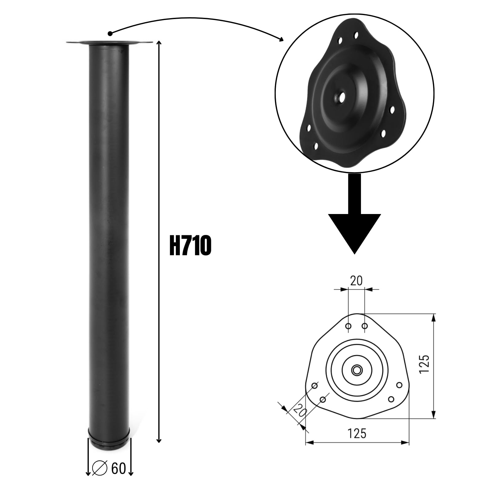 VERDU Patas para Mesas - Juego De 4 Patas Mesa De Acero De Alta Resistencia, ø60mm, Altura De 710mm, Regulación hasta 10mm, Soporte Superior En Zamak, Varios Acabados Disponibles (Negro)