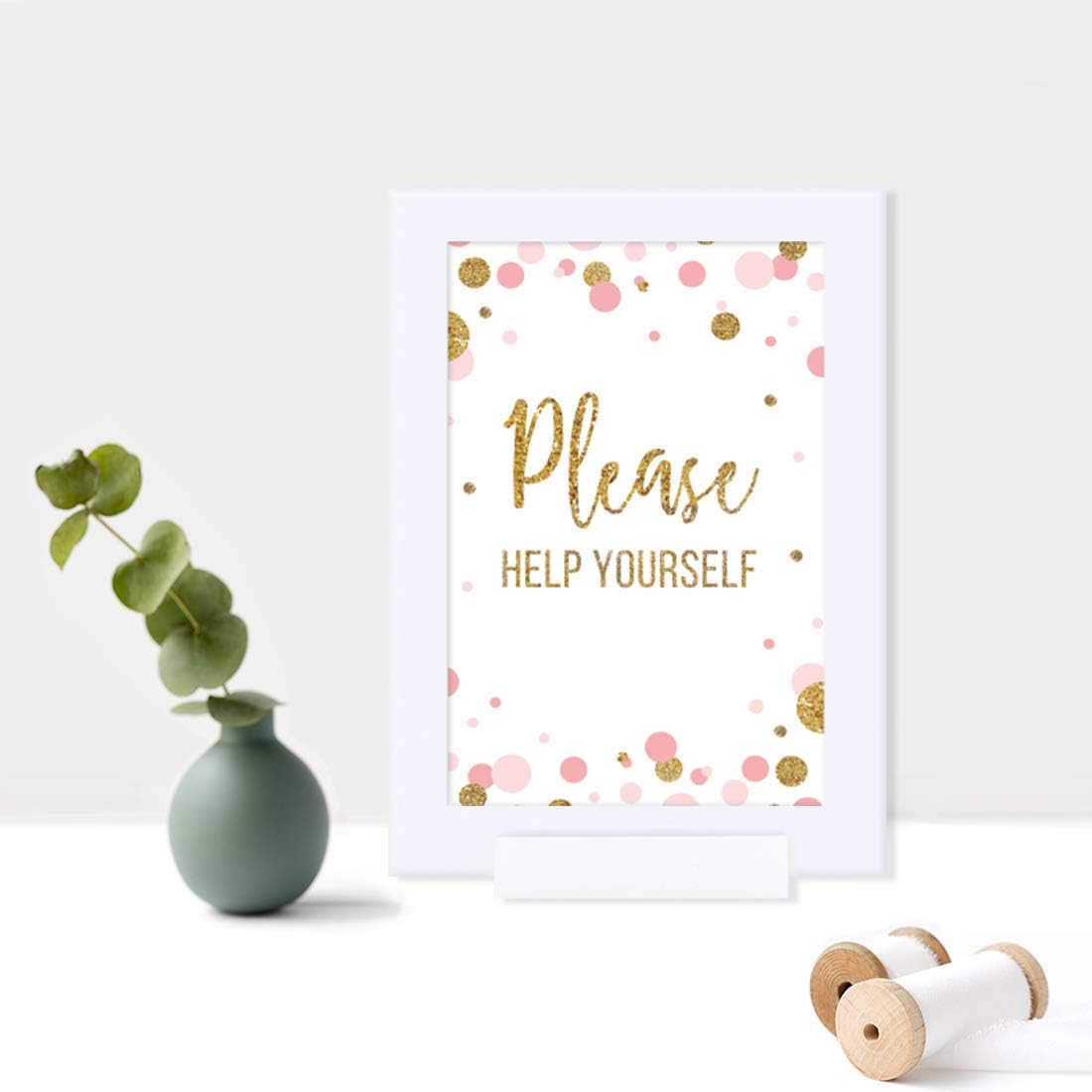 Andaz Press Blush Pink Gold Glitter Girl Baby Shower Party Collection, Framed Party Sign, Please Help Yourself Table Signage, 4x6-inch, 1-Pack, Includes Frame