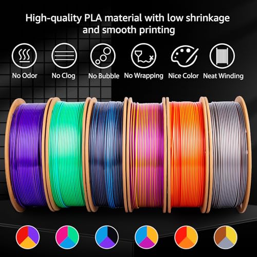 Image of Silk Tricolor PLA+ 3D Printing Filament 1.75mm, 250g x6 Spools Bundle - Each Spool Tricolor Combination (Sky Blue, Purple, Red, Black, Rose Red, Orange, Yellow, Gold, Silver, Copper)