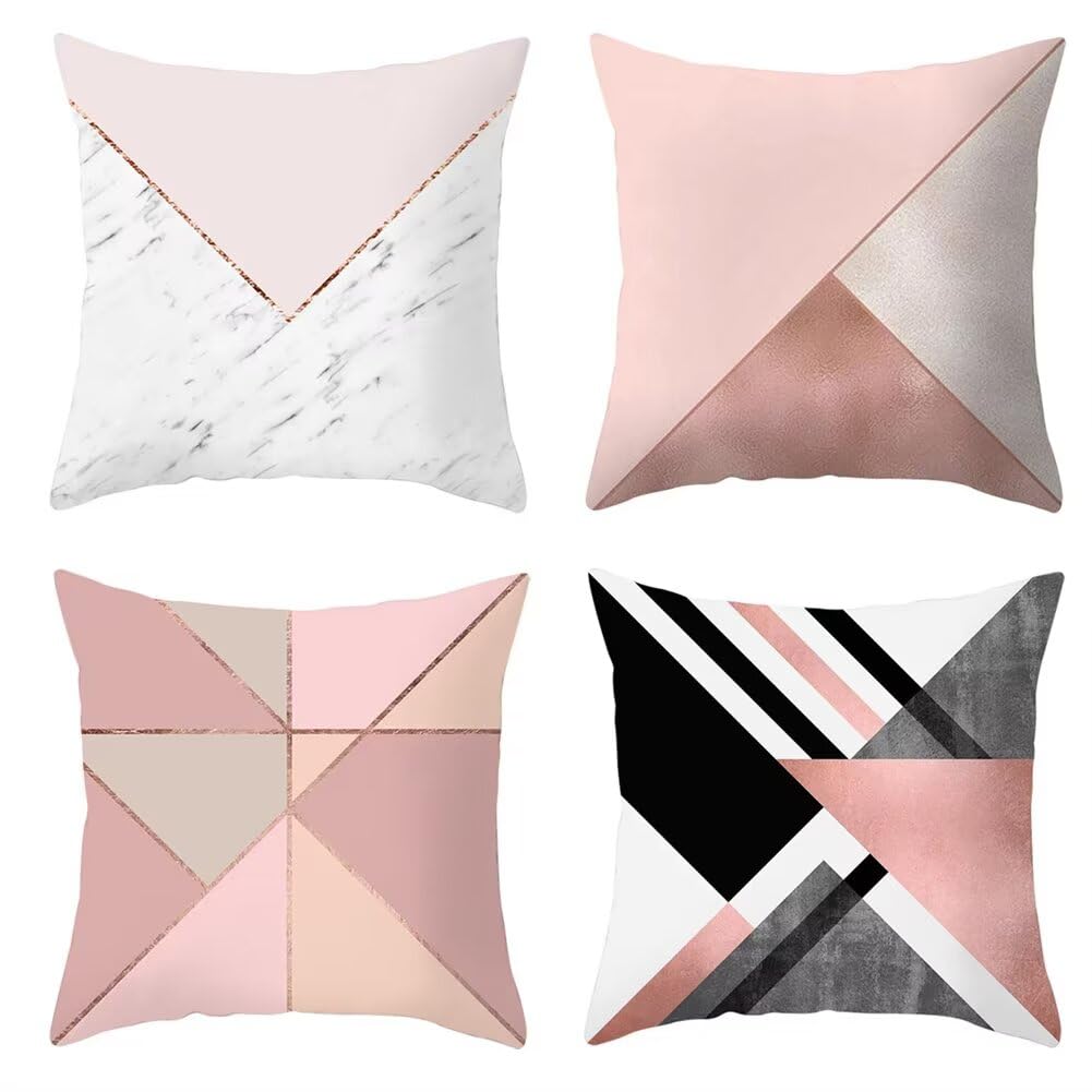 Dibujo geométrico Rosa Fundas de Cojines 60x60cm,Juego de 4 Fundas de Cojines,Impermeable Lino Doble Cara Cuadradas Decorativos Cojines para al Aire Libre Sala de Estar Sofá Decoración