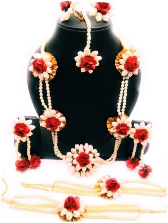 JUIP_380 RED ROSE AND WHITE COLORS JASMINE FLOWER 1 MANGTIKA,AND 1 PAIR EARRINGS,1 LONG NECKLASE , 2 BRACELATES WITH 2 FINGER RINGS FOR BRIDAL FULL SET GOTA PATTI FLOWER JEWELLERY FOR MEHANDI,HALDI,GODBHARAI,BABY SHOWER ,MARRIAGE,KITTY PARTY ,WEDDING BRIDE.
