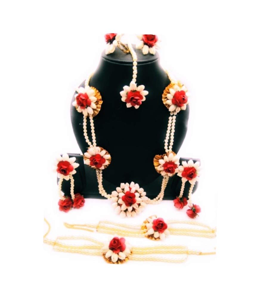 JUIP_380 RED ROSE AND WHITE COLORS JASMINE FLOWER 1 MANGTIKA,AND 1 PAIR EARRINGS,1 LONG NECKLASE , 2 BRACELATES WITH 2 FINGER RINGS FOR BRIDAL FULL SET GOTA PATTI FLOWER JEWELLERY FOR MEHANDI,HALDI,GODBHARAI,BABY SHOWER ,MARRIAGE,KITTY PARTY ,WEDDING BRIDE.