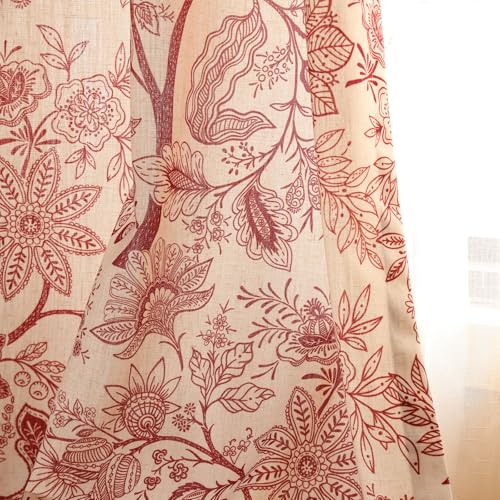 Image of ISAENNE Designer Elegant Linen Printed Curtains,2 Panels,94 inchx65 inch-Ruyi A | Vintage French Cottage Curtain with Grommets 94 inch long,Red Floral Pattern Draps,kitchen Bedroom Living Room Window