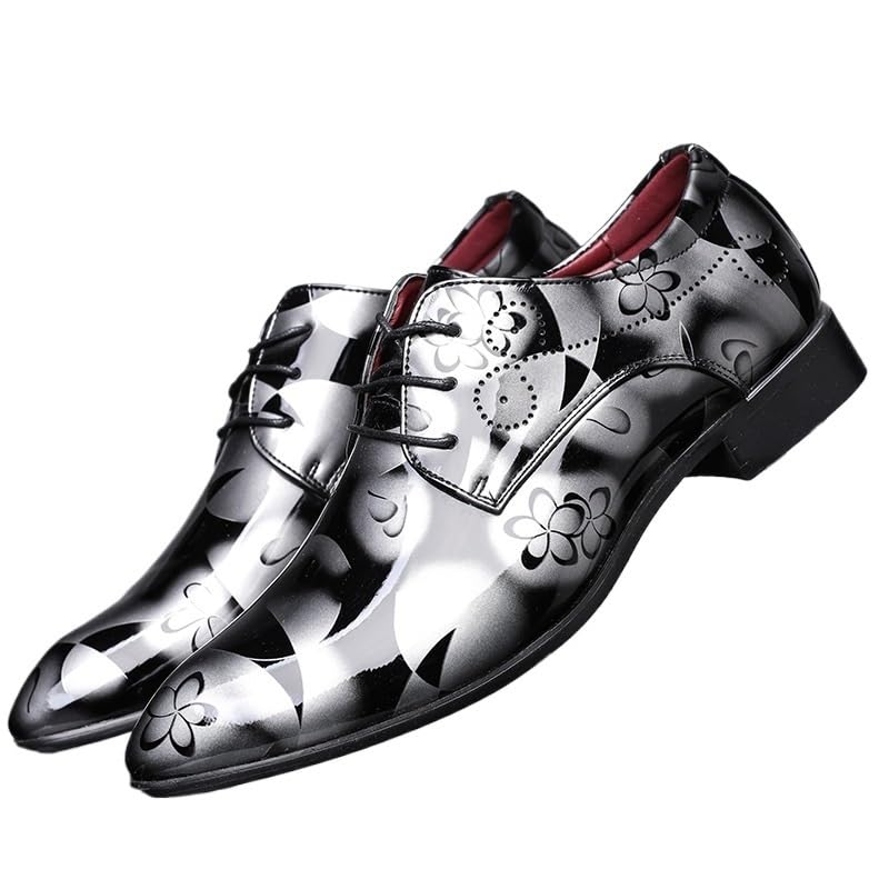 Shoes Men's Fashionable British Glossy Casual Printed Lace-up Versatile Pointed Rubber Sole for Men(Gray,6.5)
