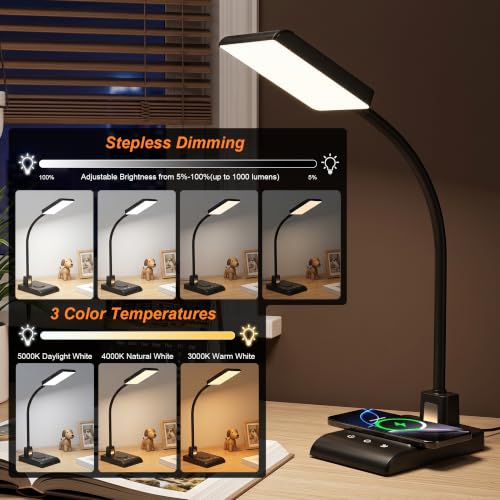 Desk Lamp with Wireless Charger, LED Desk Lamps for Home Office with Night Light, 3 Color Modes with Stepless Dimming, CRI 90+, 1000lm, 360° Flexible Arm, Eye-Caring Study Lamp for College Dorm Room — view 4