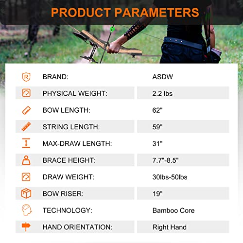 Asdw 60" Archery Bow Set Recurve Bow And Arrow Takedown Bow Wooden Bow Hunting Bow Set Adults Bow Practice Bow Right Hand Bow With Carbon Arrows And Quiver For Outdoor Hunting 45 Lbs #TOP1