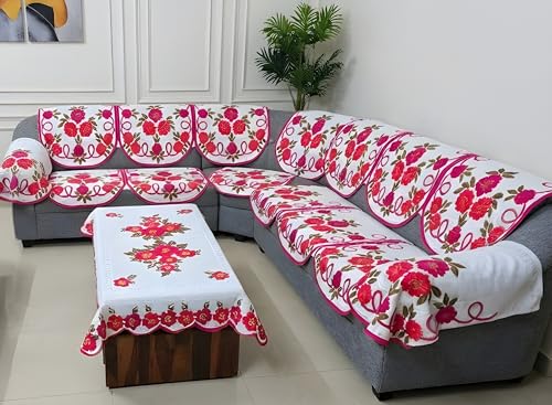 Image of Fab Nation Sofa Cover L Shape 7 Seater with Corner L Type Fully Covered Sofa Set for Living Room | Cotton Sofa Slipcovers for 4 + 3 Seaters Cover with 2 Arms + 1 Table Cover | Pink