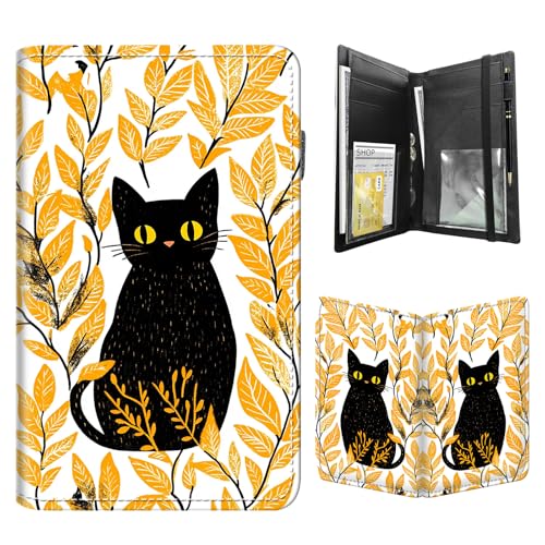 FQSXFIFN Leather Server Book for Waitress, Cute Server Book with Zipper Money Pocket,Check Presenters Waitstaff Organizer Fit Server Apron, Cat Leaves Serving Books, Black Waiter Books for Servers