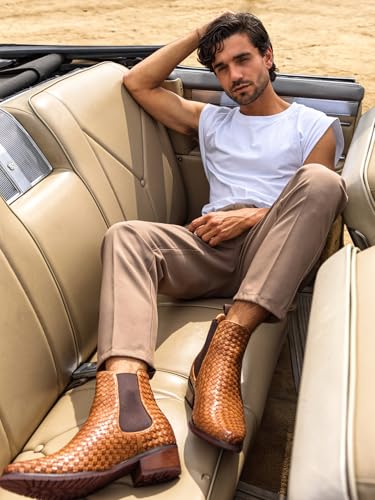 Image of CALTO Men's Invisible Height Increasing Elevator Shoes - Brown Premium Leather Woven Slip-on Chelsea Ankle Boots - 3.3 Inches Taller - K30522 - Size 7.5 D(M) US