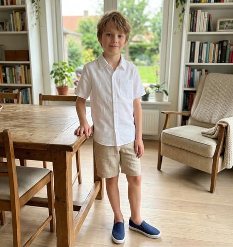Arshiner Jungen Hemden Leinen Sommer Kinder Leichtes Kurzarmshirt Freizeit Komfort Hemd für Jungen 14-15 Jahre Weiß