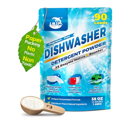 Image of Dishwasher Detergent Powder + Booster, 90 Loads | Plastic-Free, Eco-Friendly Dishwasher Soap - Pods Alternative, Concentrated Plant-Based Enzymes - Cuts Grease & Grime, No Water Spots (Fragrance-Free)