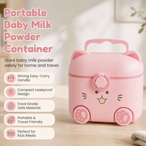 Image of StarAndDaisy Formula Milk Container for Baby Milk Powder Container with Scoop Holder, Portable Formula Dispense, Airtight First Feed Baby Food Storage Container /Box for Travel 200 Grams -Kitty Pink