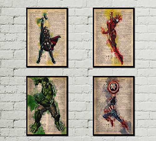 Bekata 16x20 inches Marvel Avengers Poster Set - Captain America, Iron Man, Thor, Hulk - Avengers Poster - Dictionary Art Poster Set - Watercolor Art
