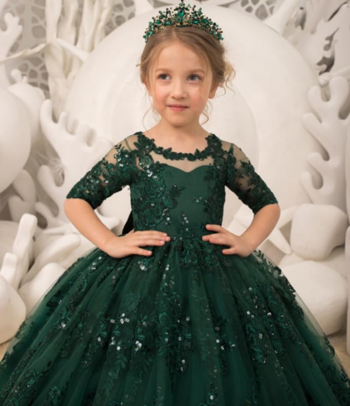 Girls Pageant Dresses Short Sleeve Flower Girl Dess with Bow Tulle Lace Appliques Formal Ball Gown4