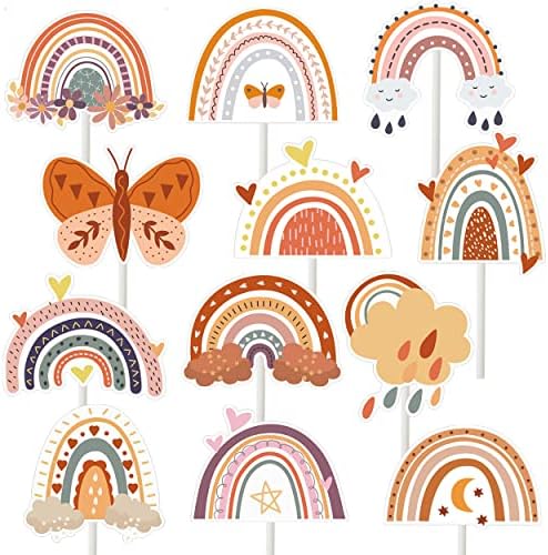 24Pcs Boho Cupcake Toppers Boho Rainbow Cupcake Toppers Rainbow Cupcake Toppers for Boho Rainbow Party Decorations Boho Rainbow Baby Shower Decorations