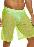 MIZOK Men's Sexy Fishnet See Through Shorts Loose Mesh Lounge Underwear Yellow M