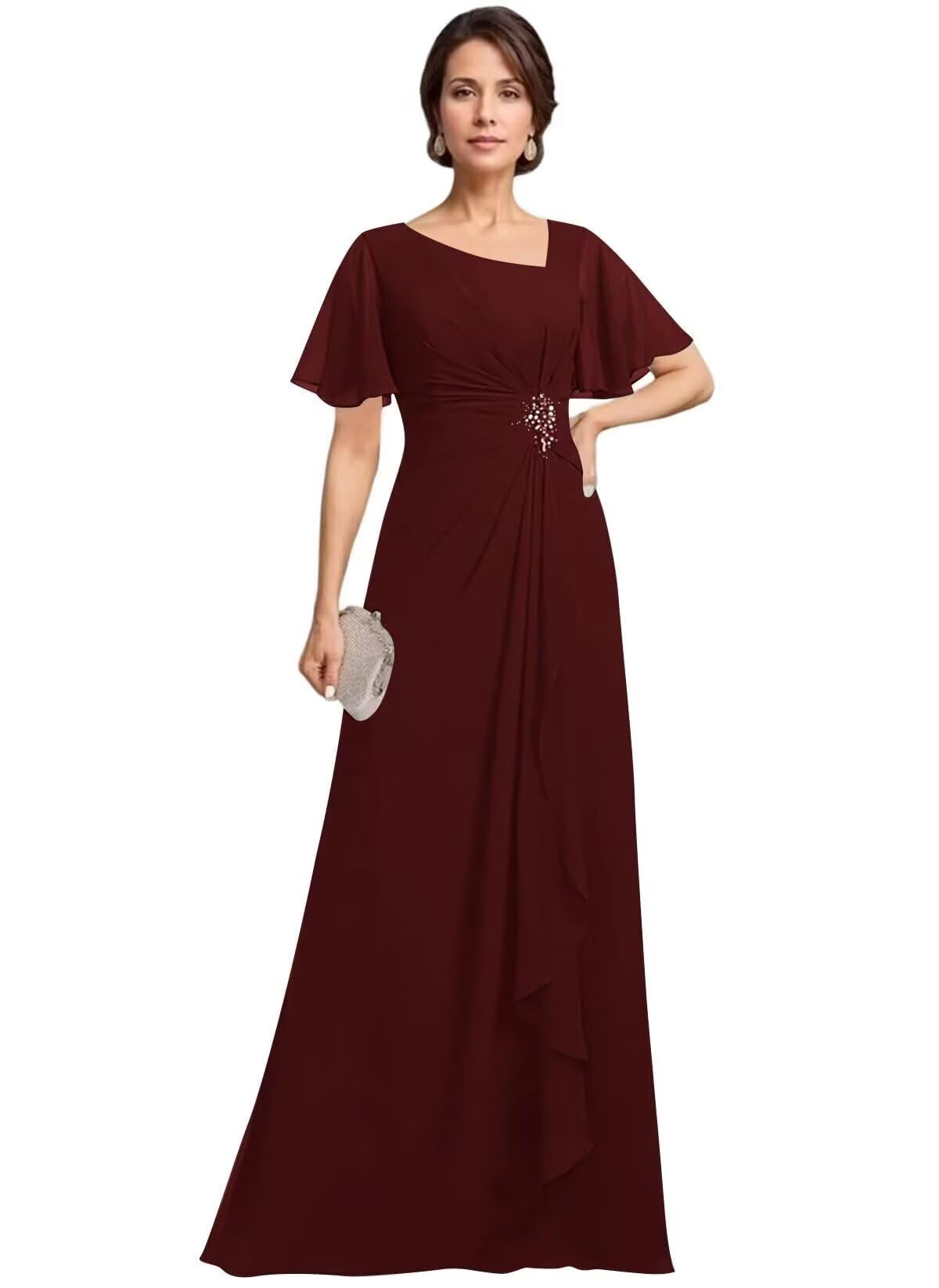 JAKIPPY Asymmetrical Neck Mother of The Bride Dresses with Pockets Ruffles Sleeves Chiffon Formal Evening Gowns