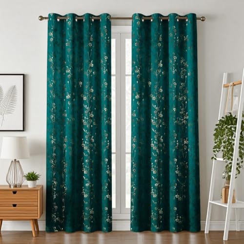 Image of Velvet Golden Foil Flower Pattern Curtains 5 Feet Long Pack of 1 pc, Turquoise