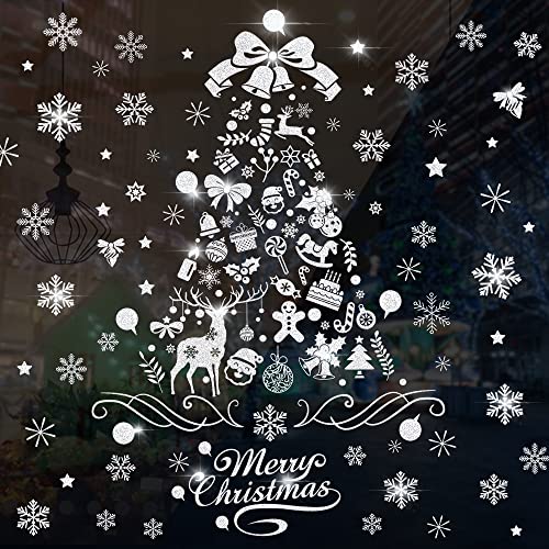 Caiery Argento Scintillante Albero di Natale Vetrofanie Natale, Adesivi Natalizi per Finestre, Fiocco di Neve Stickers da Vetro Finestra Vetrina Natale Decorazione, Fantastiche Adesivi Statici in PVC