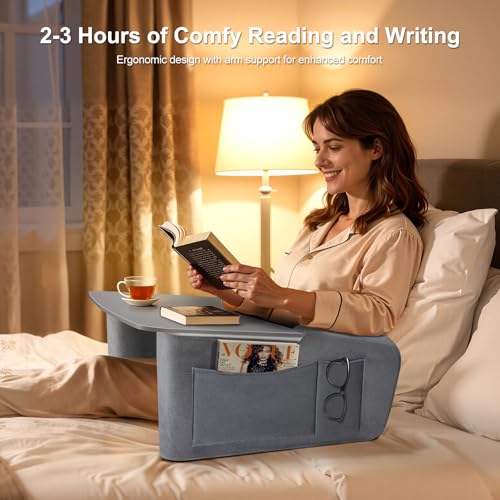Image of OPTIXCELL Reading Pillow for Gaming with Ergonomic Arm Rests, Wooden Lap Desk for Laptop, Support Pillow with Side Pockets for Reading, Writing, Working, Gaming on Bed, Couch or Floor (Gray, Large)