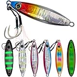 Ghanneey 5pcs Fishing Jigs with Two Assist Hooks Glow Vertical Jigs Fall Side Speed Lure Slow Fast Pitch Flat Saltwater for Tuna Salmon Kingfish Bass 60g