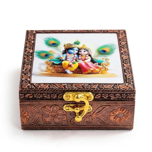 Image of Radha Krishna Wooden Jewellery Box | Handcrafted Decorative Storage Organizer | Traditional, Multipurpose Keepsake Box for Rings, Earrings & Small Accessories | White, Pack of 1