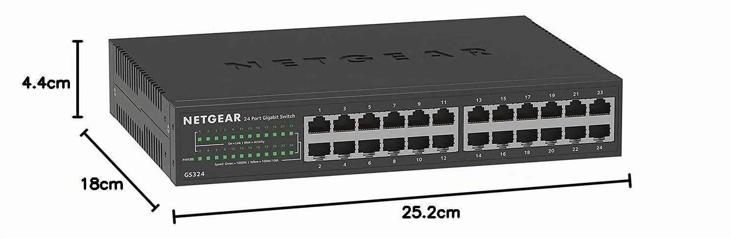 Netgear GS324 24 Port Switch Gigabit Ethernet LAN (Plug-and-Play Netzwerk, lüfterlos, 19 Zoll Rack-Montage, Robustes Metallgehäuse), Schwarz