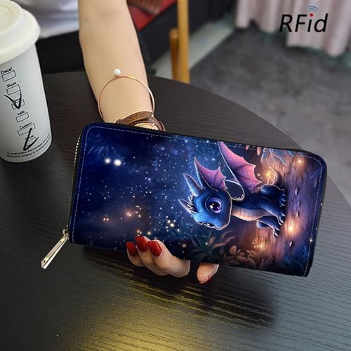 Image of RFID Blocking Leather Wallet for Women - Large Capacity Zip Around Clutch with 8 Card Slots,30 Cash Pockets & Coin Zipper,Cute Baby Dragon