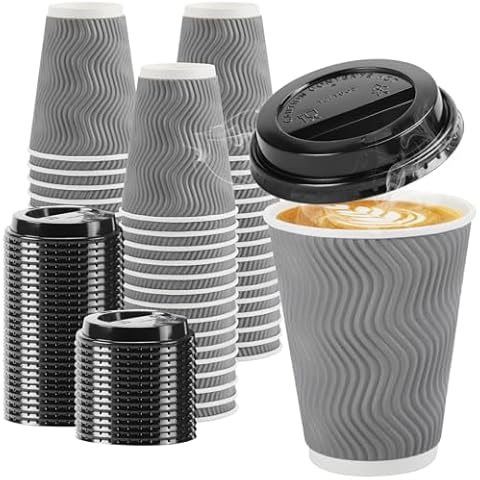 Clawsoff 100 Pack 12 oz Disposable Coffee Cups with Lids, Insulated Ripple Wall To-Go Paper Coffee Cups Suitable for Chocolate Cocoa and Hot/Cold Drinks (Grey) Cover