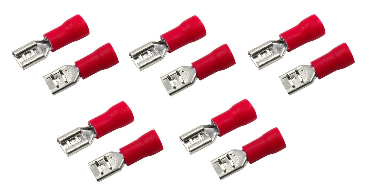 ESPtronics 10 Pcs Female Insulated Spade Wire Crimp Connectors 22-16AWG Insulated Terminals Electrical Wire Crimp Connectors FDD2-250 Copper Crimp Terminals 4.8 x 0.5mm (Width 0.2") Red-image-22