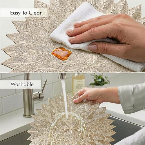 Image of Yellow Weaves 6 Pcs PVC Round Table Placemats, Dining Table Mat, Stain Resistant, Anti-Skid, Waterproof, Washable, Dining, Kitchen, Restaurant Table Set Easy to Clean, Durable (Star Golden)