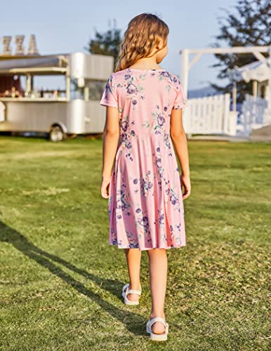 Arshiner Girls Short Sleeve Dress Pink Floral Maxi Dress Casual Skater Twirl Sundress For Girls #TOP3