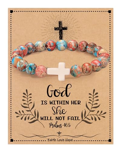 Image of Cross Bracelets for Women, Christian Gifts for Women Stocking Stuffers for Teens Cross Bracelet Imperial Nature Stone Bead Bracelet Confirmation Baptism Gift for Teen Girls Christmas Religious Gift Cathlic Faith Jewelry