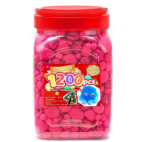 Image of Iooleem Pink Pom Poms - Assorted Size, 1200pcs with Wiggle Eyes, Glitter Options, Perfect for Arts & Crafts