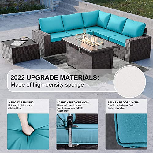 Kullavik 7 Pieces Outdoor Patio Furniture Set With 43" 55000Btu Gas Propane Fire Pit Table Pe Wicker Rattan Sectional Sofa Patio Conversation Sets,Green Blue #TOP1
