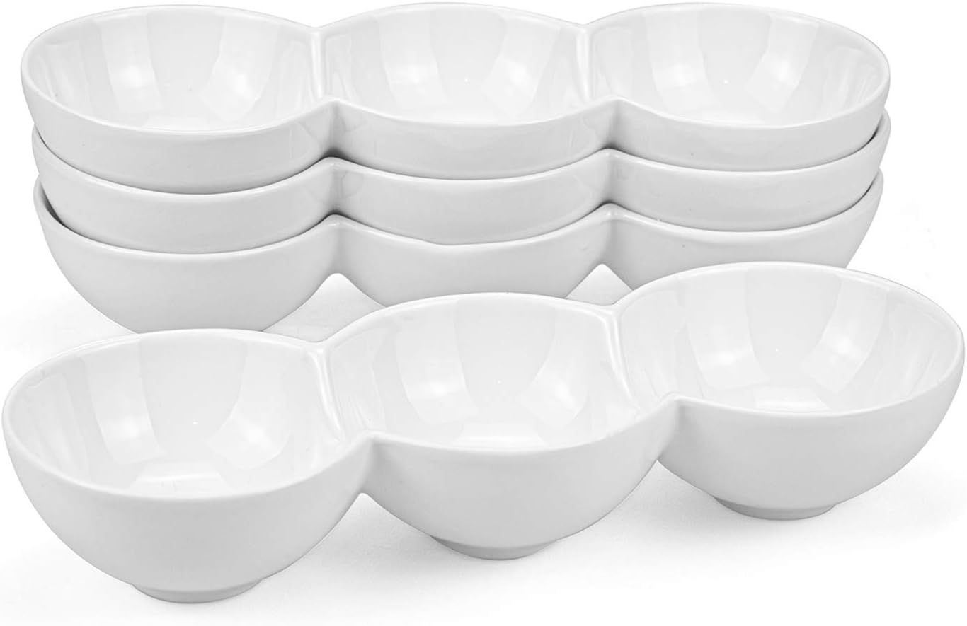 Yesland 3-Compartment Porcelain Appetizer Serving Tray - Set of 4 - White 10 Oz Triplet Bowl, Bowl Set, Perfect for Snacks & Dips : Home & Kitchen