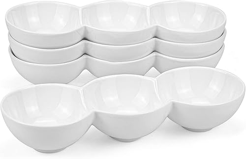 Yesland Bandeja de porcelana de 3 compartimentos para servir aperitivos, juego de 4 cuencos tripletes blancos de 10 onzas, juego de cuencos,