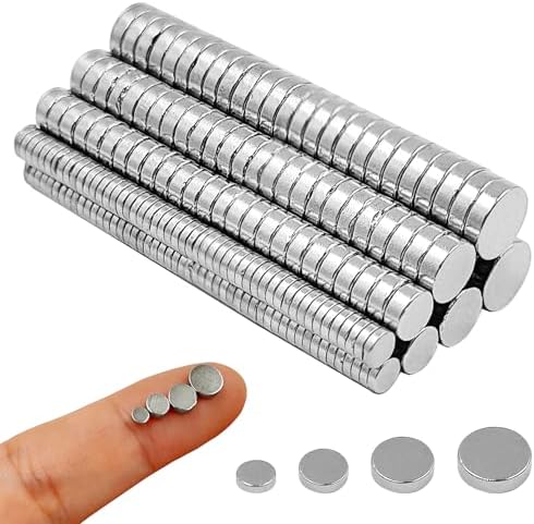 250 Pcs Small Strong Magnets, Tiny Thin Mini Magnets,100 Pcs 3X1mm, 50 Pcs 4x2mm, 50 Pcs 5x2mm, 50Pcs 6x2mm, Round Small Magnet, for Crafts, Whiteboard, Fridge, Kitchen, Office