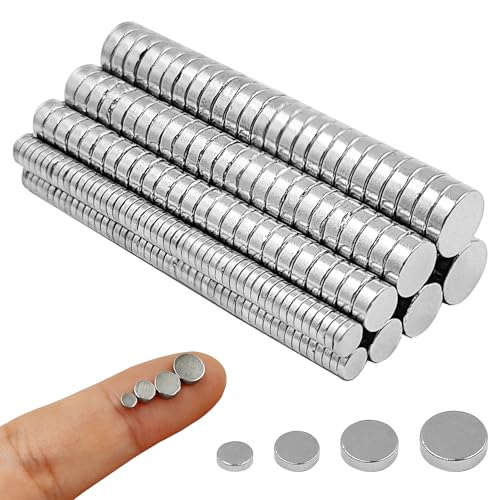250 Pcs Small Strong Magnets, Tiny Thin Mini Magnets,100 Pcs 3X1mm, 50 Pcs 4x2mm, 50 Pcs 5x2mm, 50Pcs 6x2mm, Round Small Magnet, for Crafts, Whiteboard, Fridge, Kitchen, Office