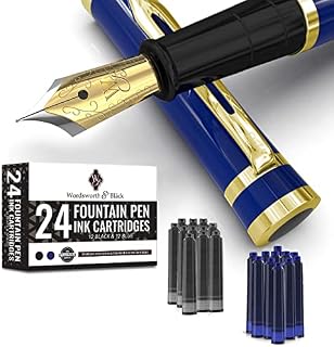 Wordsworth & Black Fountain Pen Set, 18K Gilded Medium Nib, Includes 24 Pack Ink Cartridges, Ink Refill Converter & Gift Pouch, Gold Finish, Calligraphy, [Imperial Blue], Perfect for Men & Women