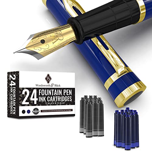 Wordsworth & Black Fountain Pen Set, 18K Gilded Medium Nib, Includes 24 Pack Ink Cartridges, Ink Refill Converter & Gift Box, Gold Finish, Calligraphy, [Imperial Blue], Perfect For Men & Women #TOP7