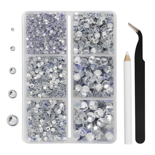 Hotfix Rhinestones 3960pcs, White Rhinestone for Clothes, Hot Fix Crystals Rhinestones with Tweezers and Wax Pencil Kit,Mixed 5 Sizes, SS6-SS30, Crystal