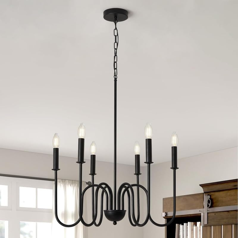 Decor Modern Chandelier,6 Light Farmhouse Chandlier for Dining Room Kitchen Living Room Light Fixtures,Candle Hanging Chandelier Lamp for Foyer Entryway (Black)-image-37