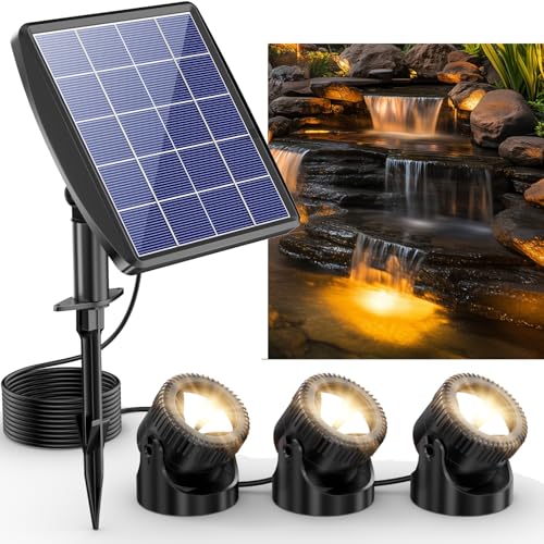 POPOSOAP 3-in-1 Solar Pond Lights Warm White Underwater Pond Lights IP68 Waterproof LED Fountain Lights for for Pond Fountain Pool Waterfall Decoration Garden Patio (3 Lights)-P63H