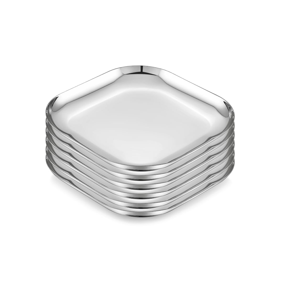 VS VINTAGE STEEL Square Plates – 21 x 21 cm | Pack of 6 | High Mirror Polish Stainless Steel Plates | Stackable, BPA-Free, Rust-Proof | Reusable Dinnerware for Lunch & Dinner-image-46