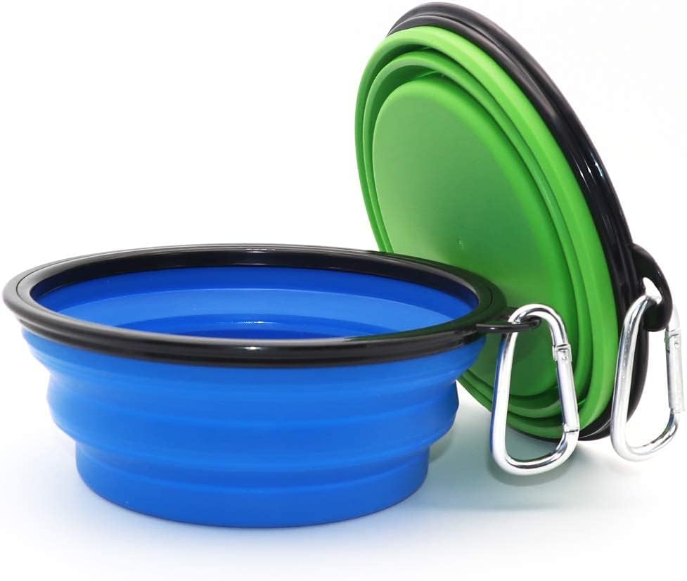 Image of SLSON Silicone Collapsible Dog Bowl,2 Pack Collapsible Dog Water Bowls for Cats Dogs,Portable Pet Feeding Watering Dish for Walking Parking Traveling with 2 Carabiners (Large,Large Blue+Green)