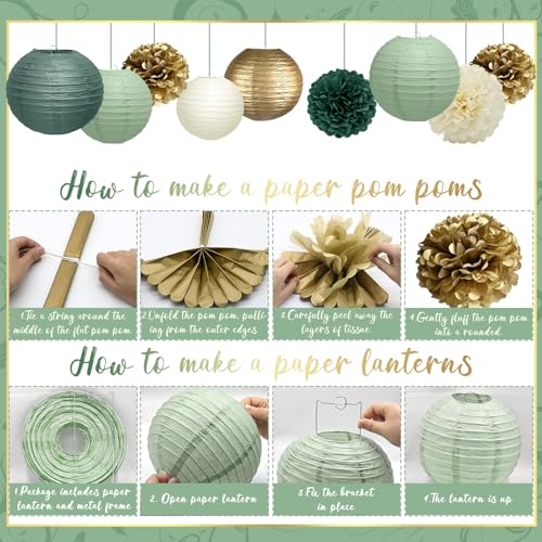 Image of KAXIXI 15-Pack Sage Green Party Decorations, Paper Lanterns & Pom Poms