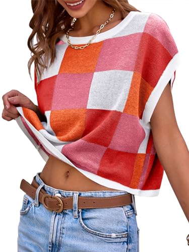 Image of Saodimallsu Womens Cap Sleeve Crop Tops Summer Color Block Going Out Crew Neck Knit Trendy Casual Sweater